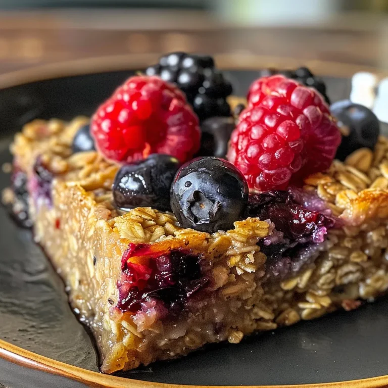 Start Your Day Right: Wholesome Mixed Berry Baked Oatmeal A close-up view of baked oatmeal topped with mixed berries, revealing its moist texture.