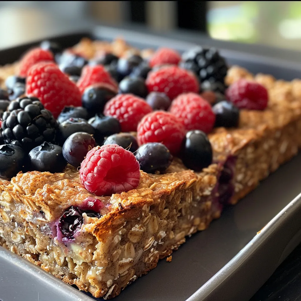 Side view of a delicious baked oatmeal dish, showcasing blueberries, raspberries, and strawberries.