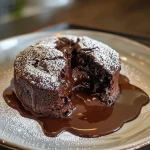 Close-up view of a molten chocolate lava cake with a gooey center.