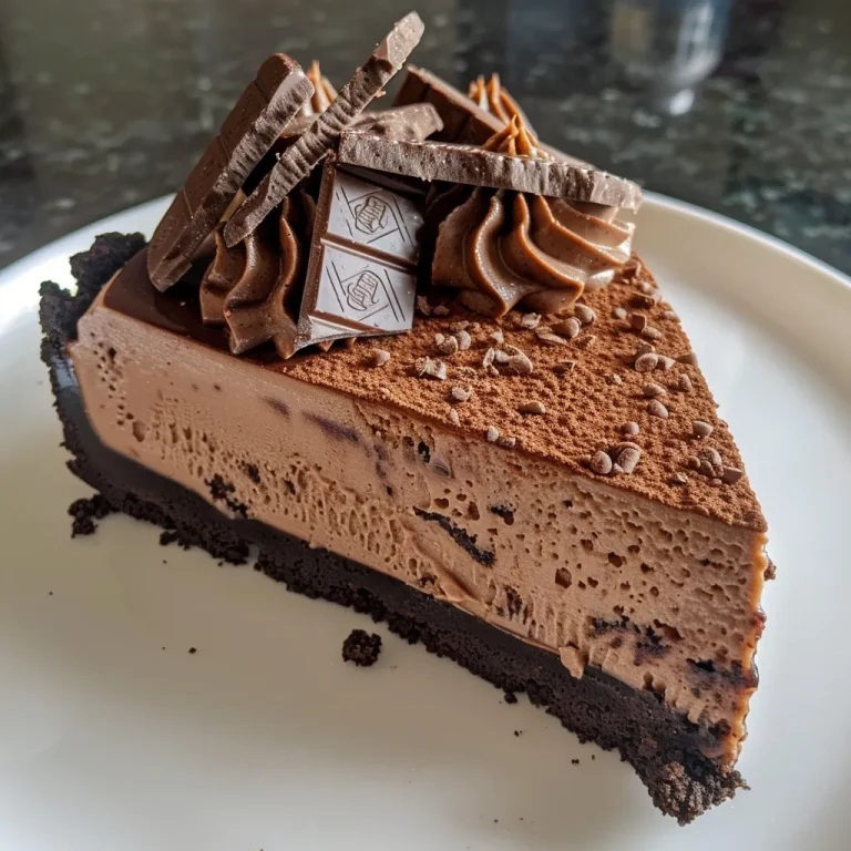 A moist slice of no-bake chocolate cheesecake with a chocolate cookie crust.