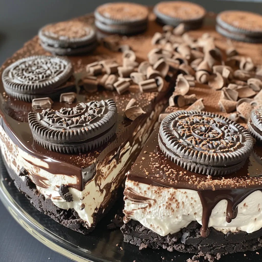 Close-up view of a creamy chocolate cheesecake topped with chocolate shavings.