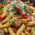 Close-up view of creamy Cajun sausage pasta with colorful bell peppers and parsley.
