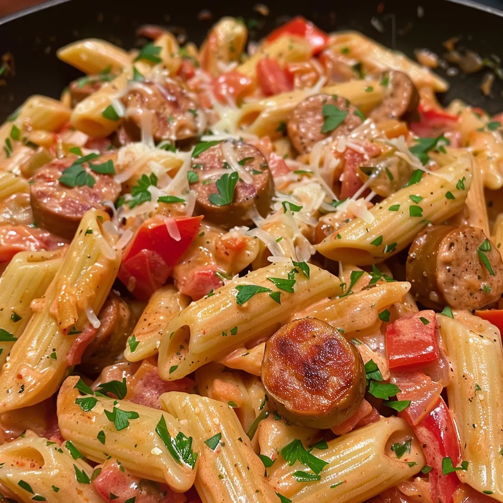 Juicy one pot pasta dish featuring sliced smoked sausage, vibrant vegetables, and cheese.