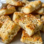 A close-up side view of golden brown Parmesan Bread Bites on a wooden board.