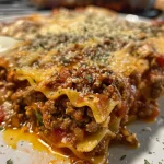 Close-up side view of a hearty lasagna with layers of meat, cheese, and sauce.