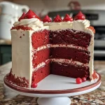 Close-up side view of a moist red velvet cake with cream cheese frosting.