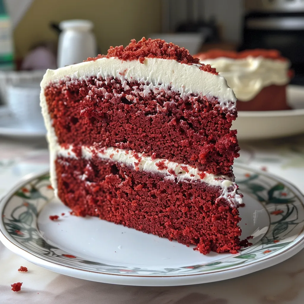 Juicy red velvet cake with a rich cream cheese topping displayed on a plate.