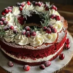 A close-up side view of a Red Velvet Wreath Cake with frosting, cranberries, and rosemary decorations.
