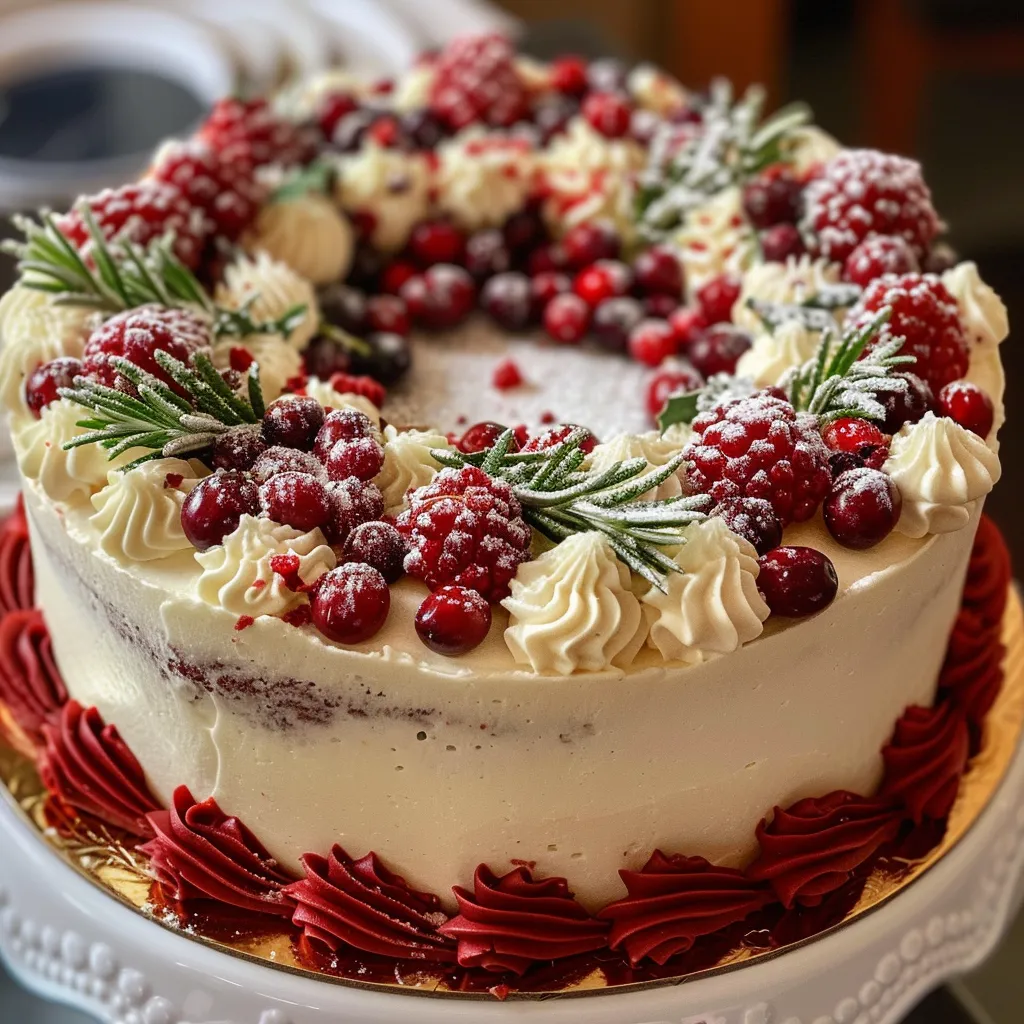 Juicy Red Velvet Wreath Cake adorned with cream cheese frosting and garnished with fresh cranberries and rosemary.