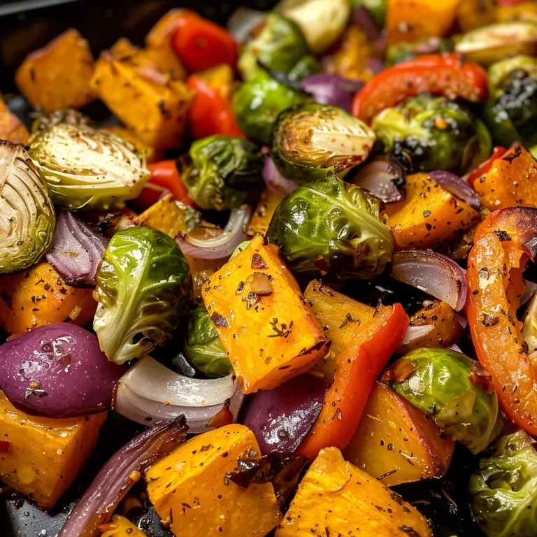 Close-up view of roasted sweet potatoes, brussels sprouts, and bell peppers drizzled with tahini sauce.