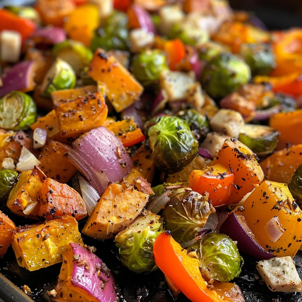 Vibrant fall vegetables including cubed sweet potatoes and sliced brussels sprouts topped with creamy tahini.