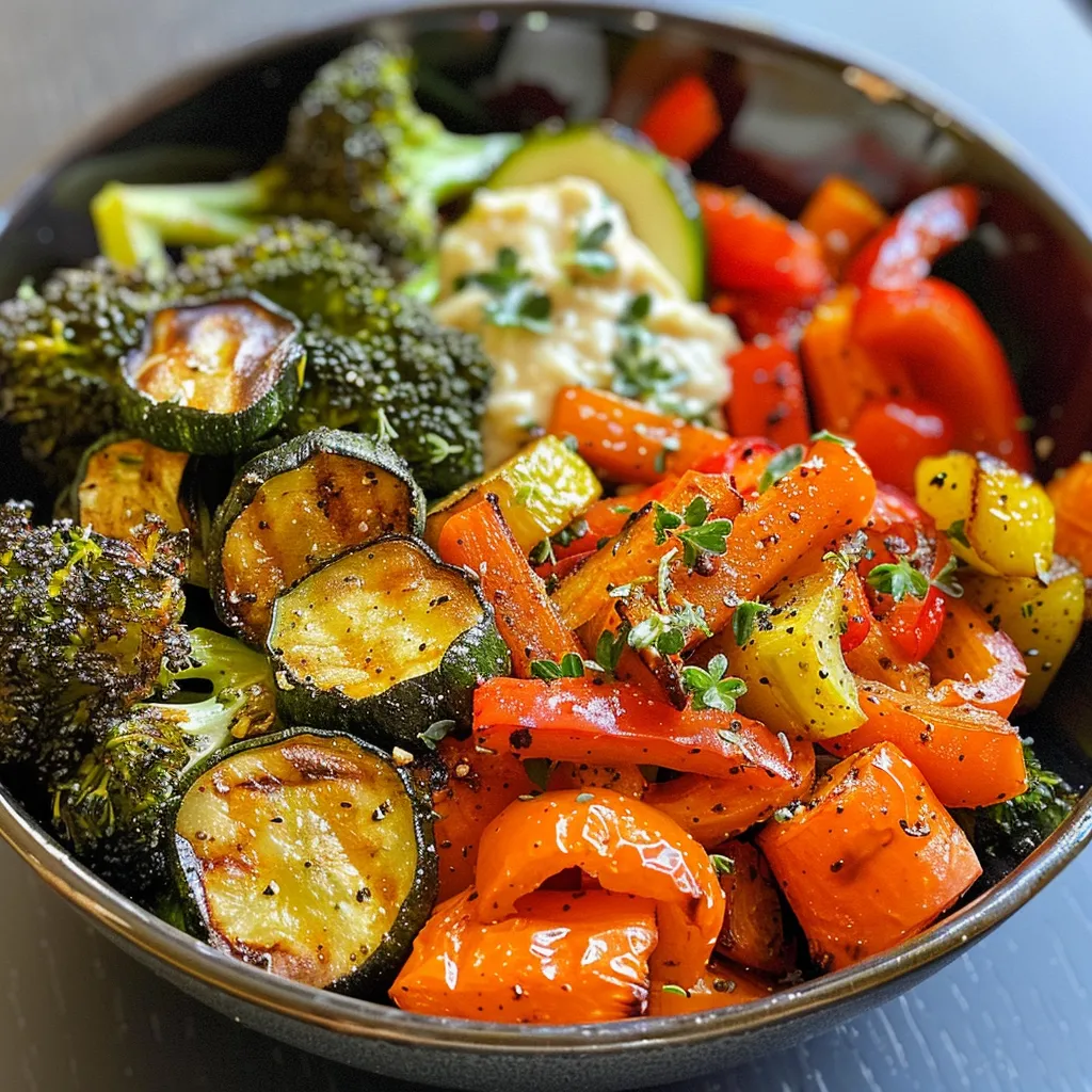 Side angle of a colorful roasted vegetable bowl filled with assorted veggies and a creamy green tahini dressing.