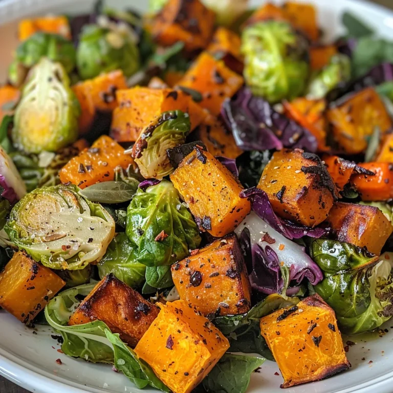 Warm Up with a Cozy Roasted Vegetable Winter Salad Close-up of a vibrant roasted vegetable winter salad featuring Brussels sprouts, sweet potatoes, and carrots on a wooden table.