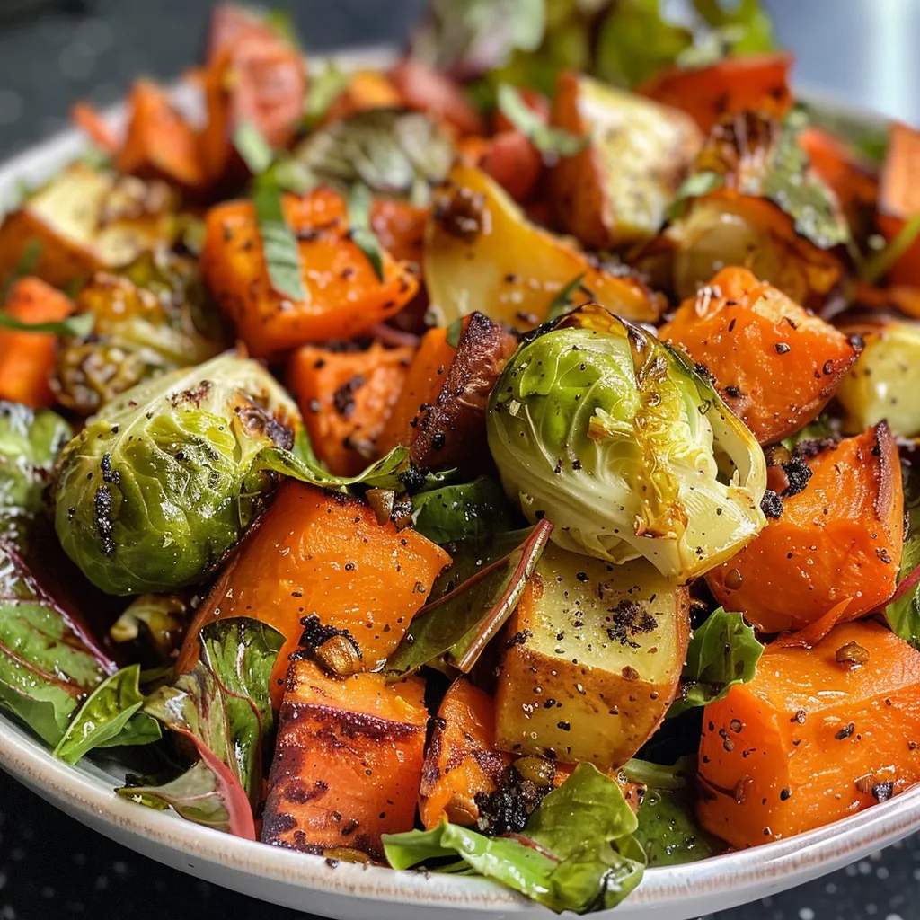 Side view of a colorful winter salad with roasted Brussels sprouts, sweet potatoes, and mixed greens drizzled with balsamic dressing.
