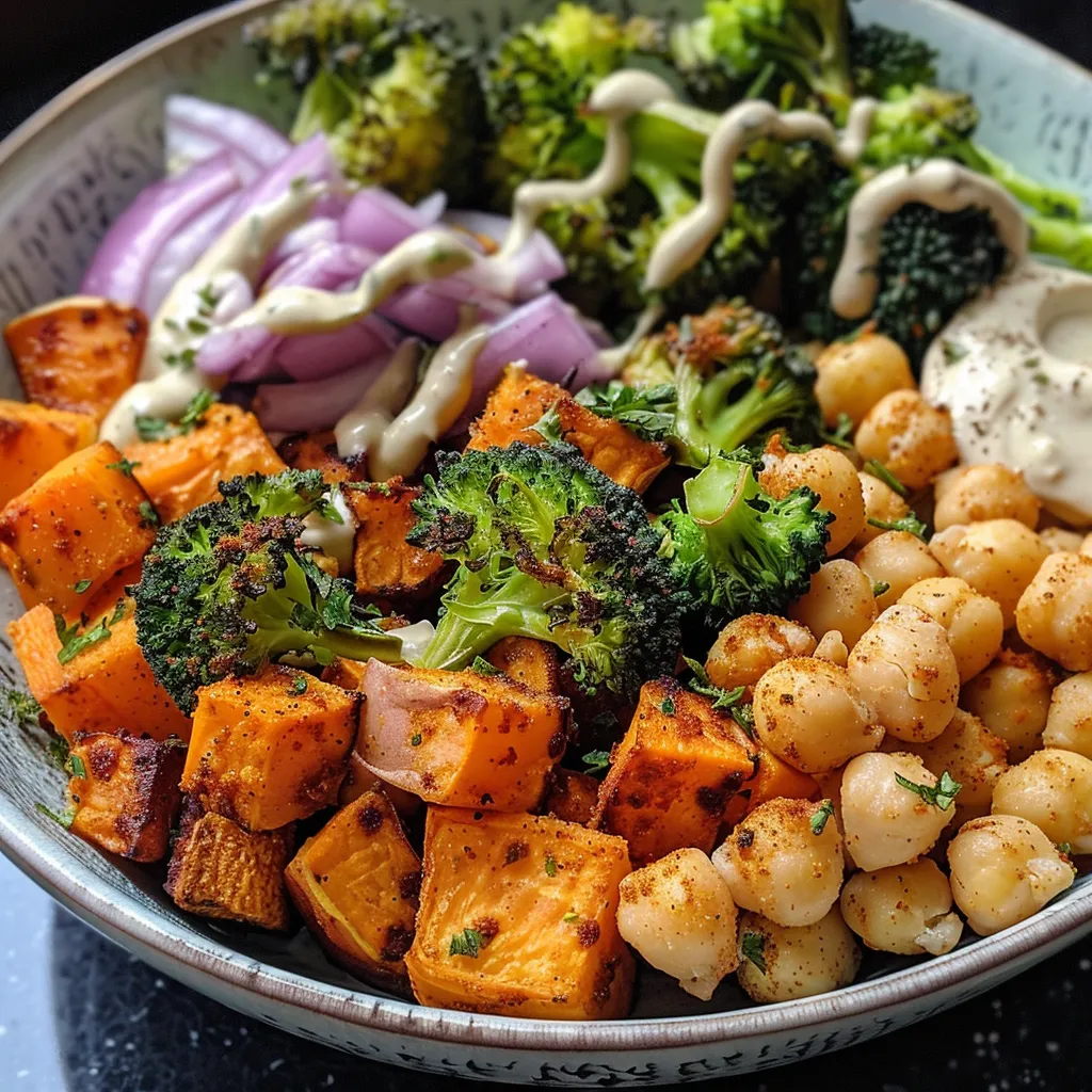 Side view of a vibrant bowl filled with roasted chickpeas, sweet potatoes, broccoli, and a creamy sauce.