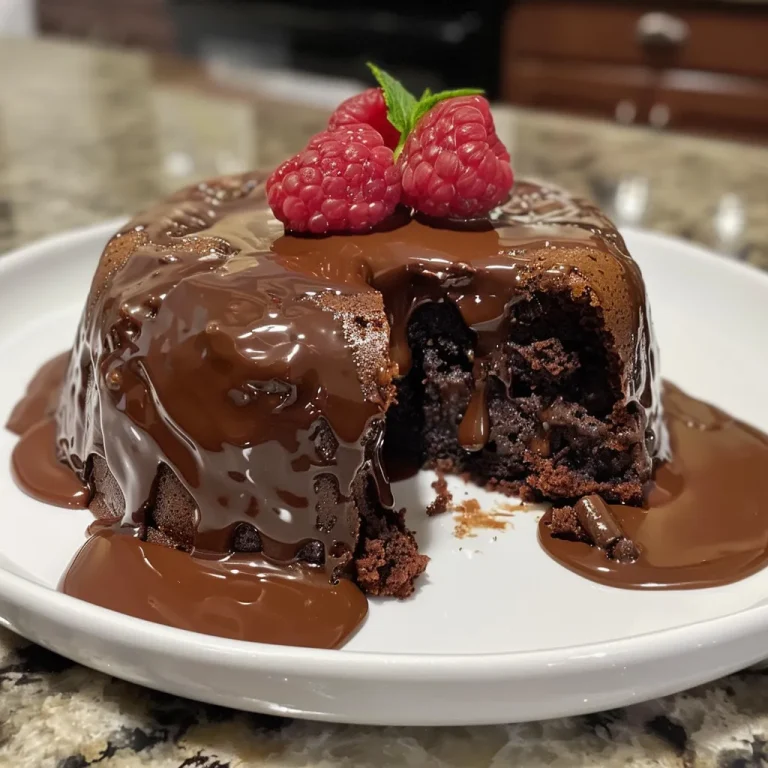 A close-up side view of a rich chocolate slow cooker lava cake, showing molten chocolate oozing from the center.