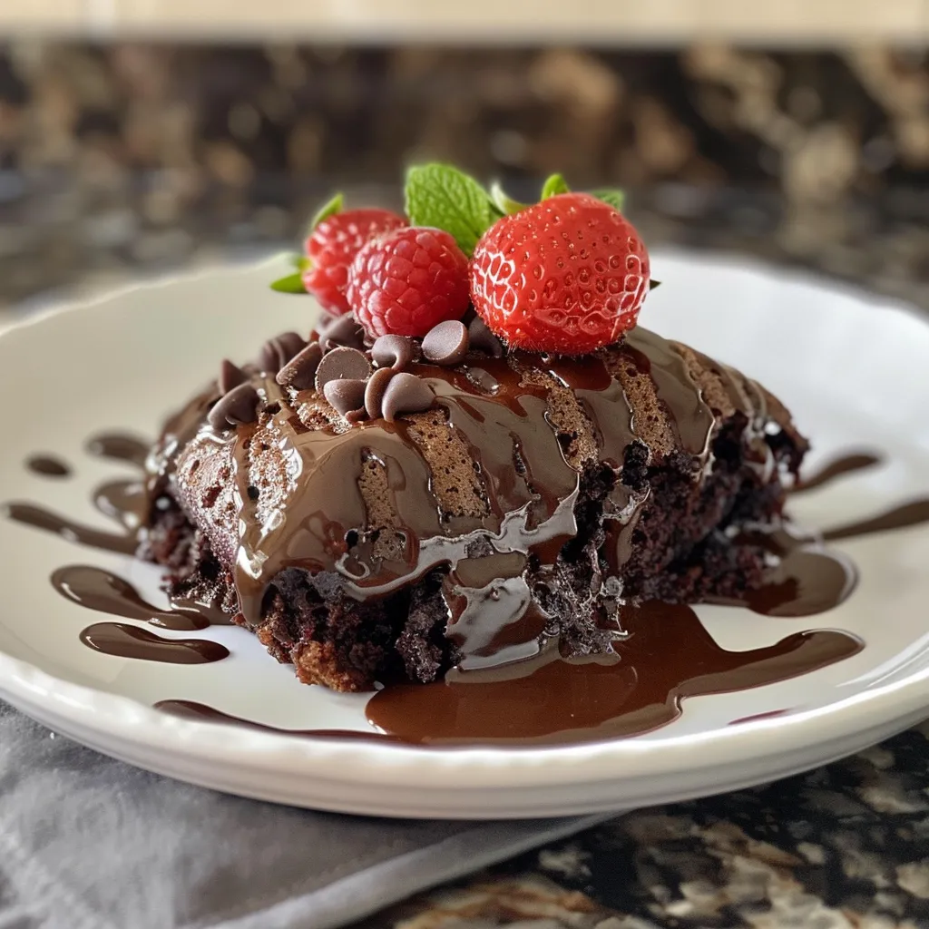 A warm, gooey slow cooker lava cake with a shiny, dark chocolate exterior and a puddle of melted chocolate at the base.