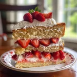 A side view of a colorful strawberry shortcake with fresh strawberries on top.