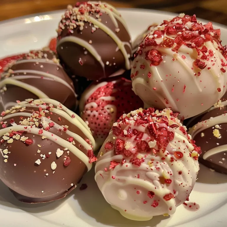 Close-up view of a Strawberry Truffle, showcasing its creamy white chocolate coating and vibrant strawberry filling.