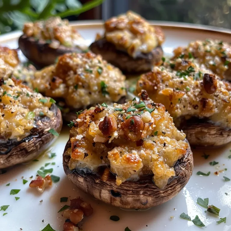 Close-up of juicy stuffed mushrooms with a golden topping.