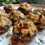 Close-up view of juicy stuffed mushrooms filled with cream cheese, parmesan, and herbs.