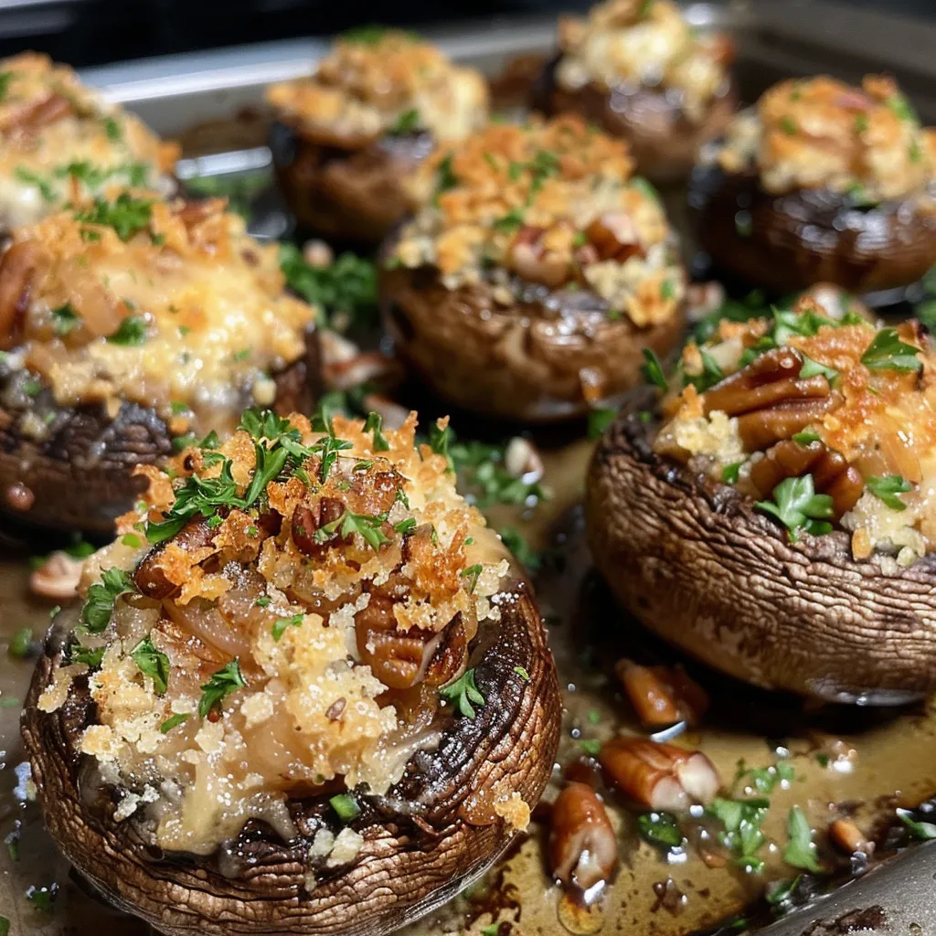 Side view of delicious stuffed mushrooms, showcasing a golden brown topping and fresh parsley.