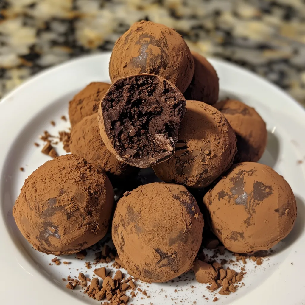 Side view of multiple sugar-free chocolate truffles dusted with cocoa powder.