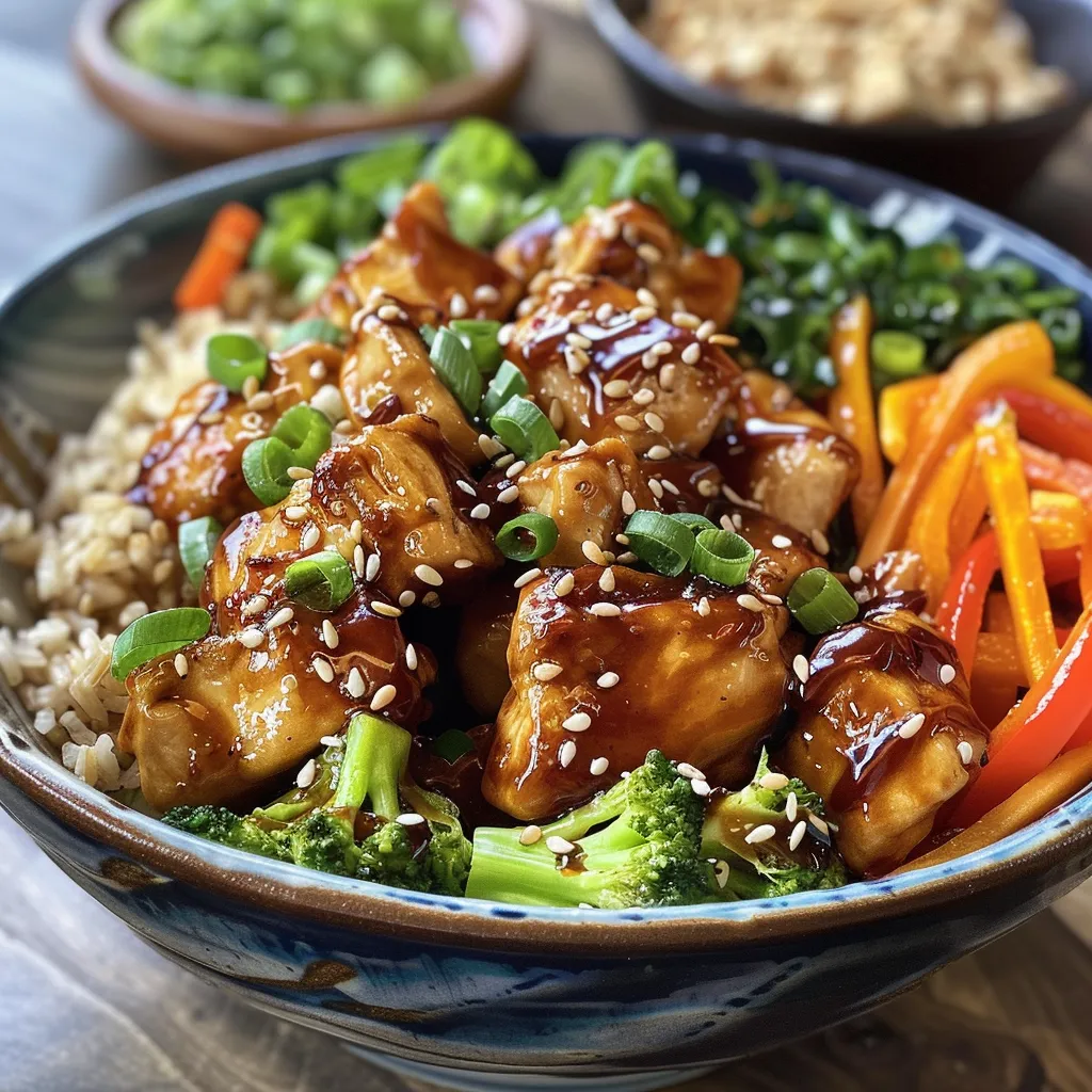 Juicy Teriyaki Chicken served over brown rice with sesame seeds garnish.