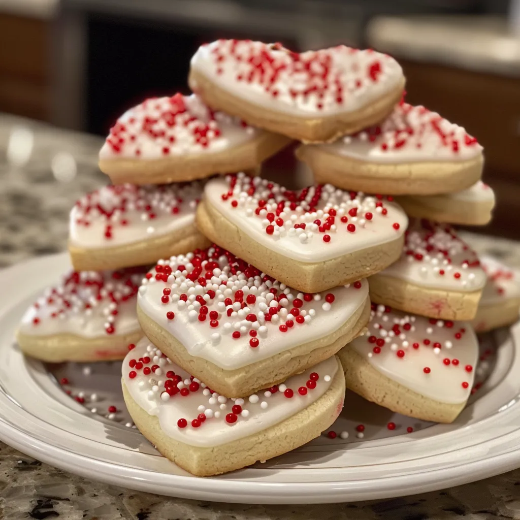 A side view of colorful Valentine's sugar cookies with icing and sprinkles.