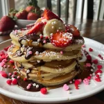 A heart-shaped stack of pancakes topped with strawberries and whipped cream.