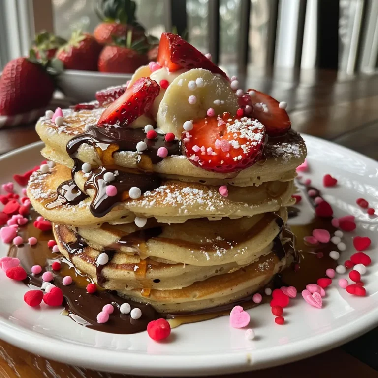 A heart-shaped stack of pancakes topped with strawberries and whipped cream.
