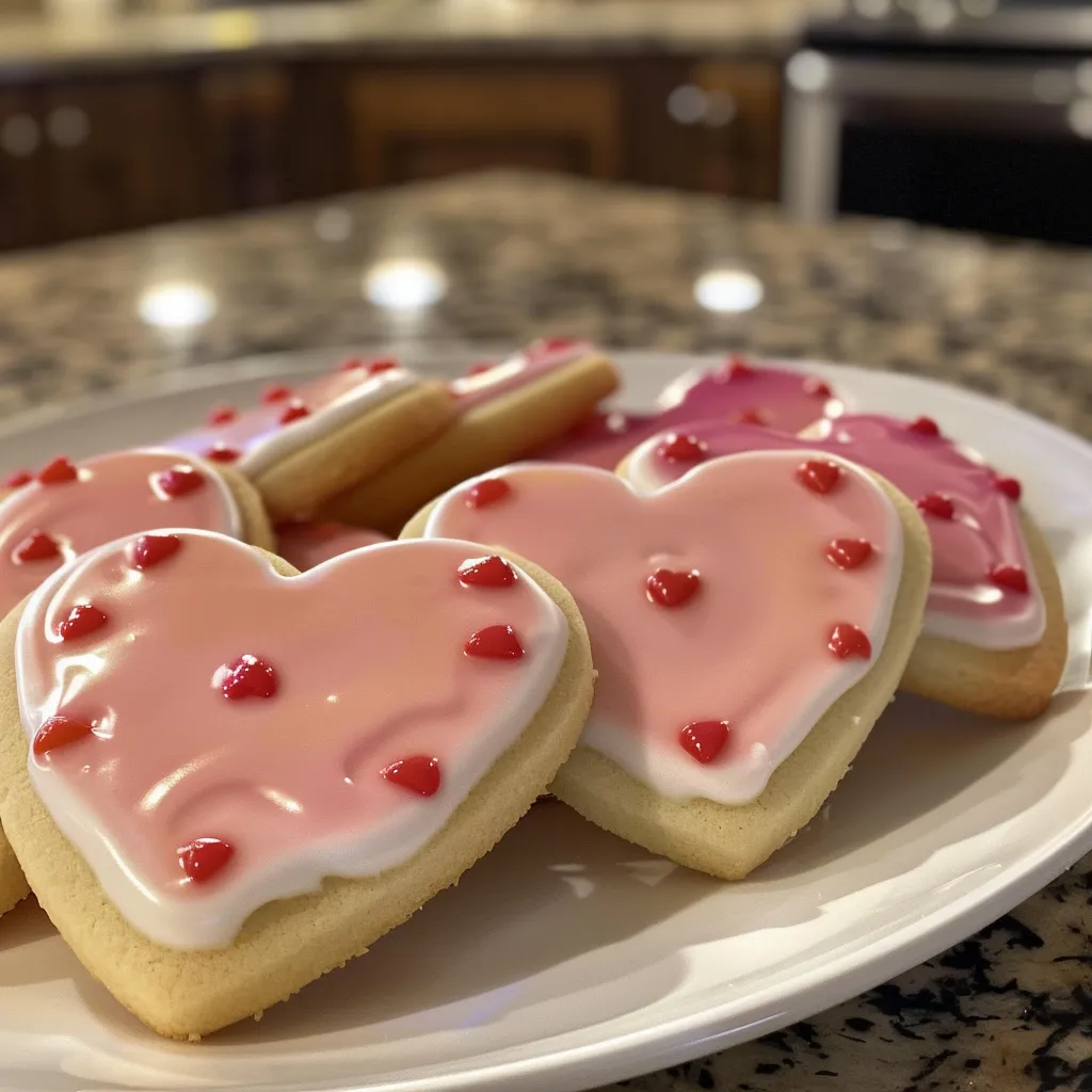 Side view of vibrant Valentine's Day sugar cookies showcasing various designs and colors.