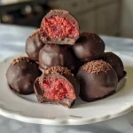 Close-up view of vegan strawberry dark chocolate truffles, showcasing their glossy finish and vibrant pink strawberry bits.
