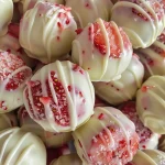 Close-up view of white chocolate strawberry truffles on a dark surface.