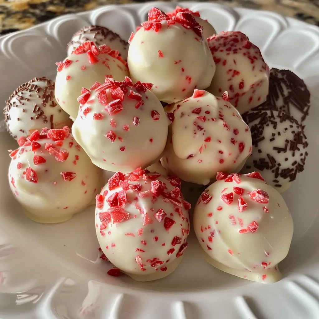 Side view of creamy white chocolate truffles with bits of freeze-dried strawberries.