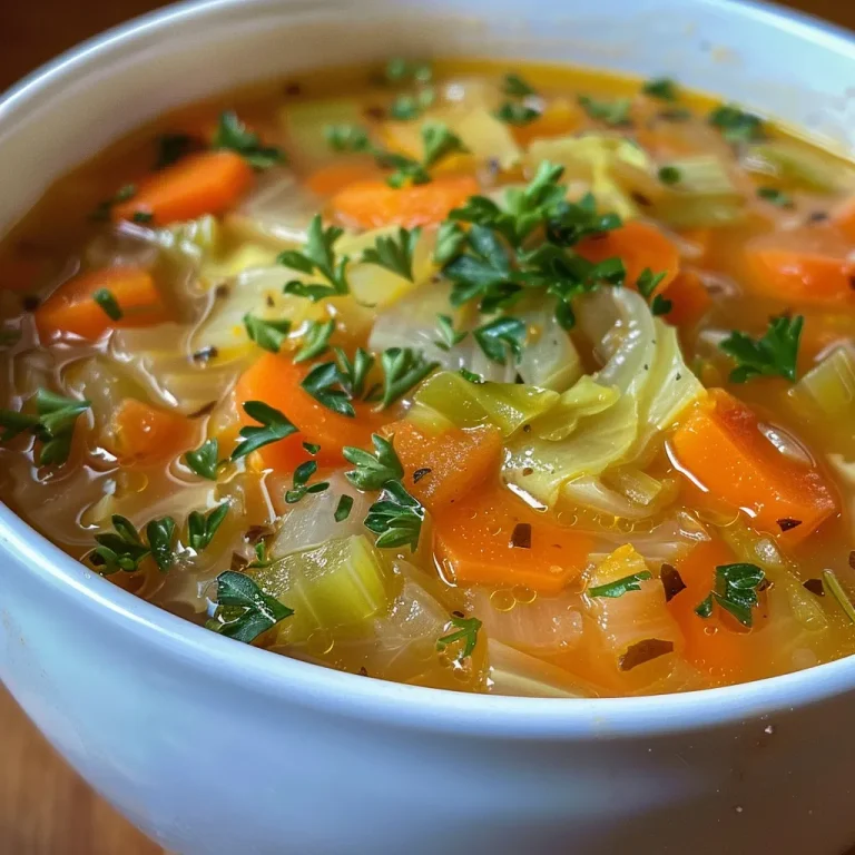 A close-up view of a steaming bowl of winter detox cabbage soup garnished with parsley.
