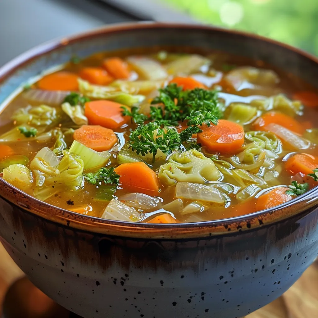 Side angle photo of cabbage soup showing colorful vegetables like carrots and celery in broth.