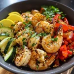 Close-up of a Lemon Garlic Shrimp Bowl featuring succulent shrimp, zucchini, and bell peppers.