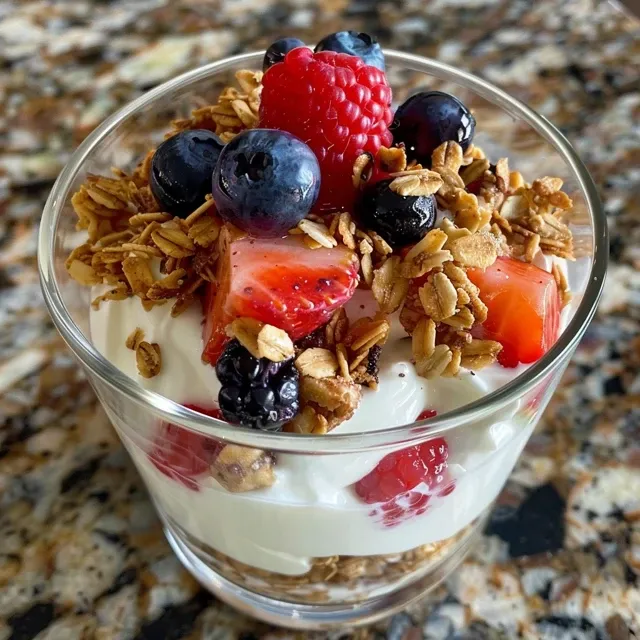 Side view of a Greek Yogurt Parfait layered with berries and granola.