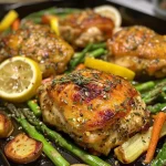 Close-up view of crispy lemon herb chicken with spring vegetables.