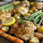 Juicy lemon herb chicken thighs surrounded by colorful spring vegetables on a sheet pan.