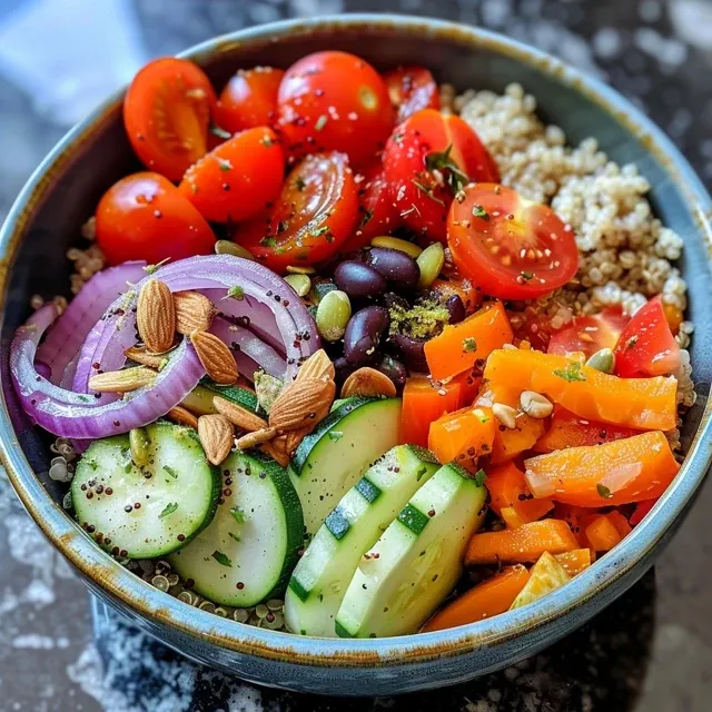 A colorful Veggie Quinoa Power Bowl featuring diced red bell pepper, zucchini, carrot, and cherry tomatoes.