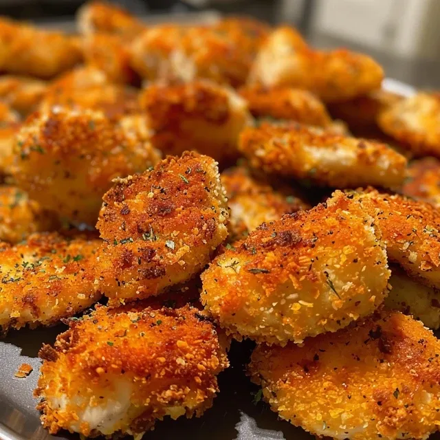 Close-up view of ultra crispy baked chicken nuggets on a white plate.