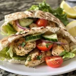 Close-up view of Greek chicken pita pockets filled with colorful fresh vegetables.