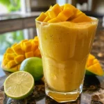 Close-up view of a creamy mango coconut smoothie in a glass with a straw.