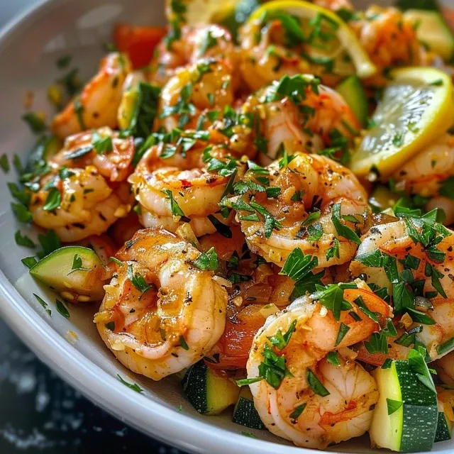 Side view of a colorful bowl filled with lemon garlic shrimp, garnished with parsley.