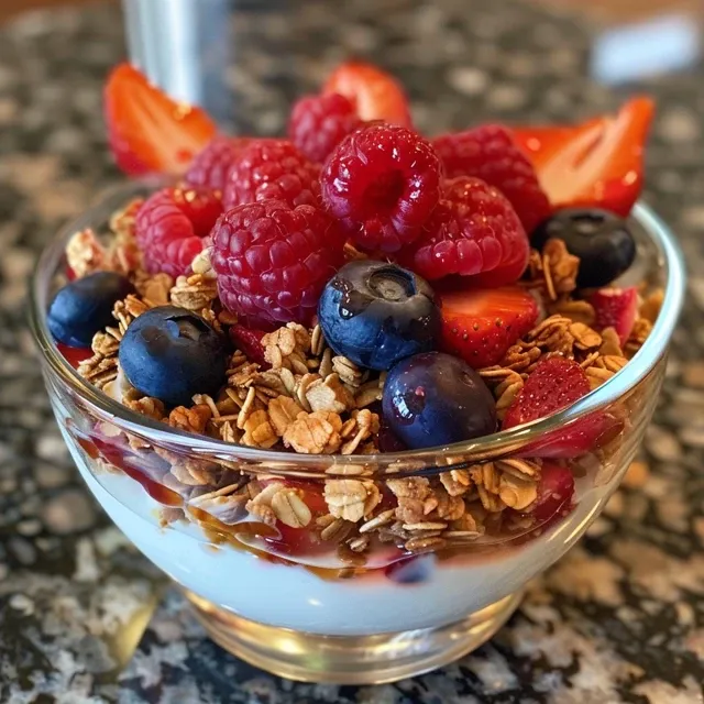 Close-up of a delicious Greek Yogurt Parfait with colorful mixed berries.