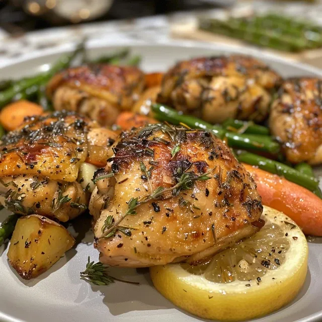 Juicy chicken breast garnished with herbs and surrounded by vibrant vegetables.