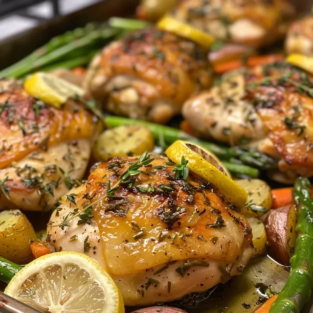 Close-up view of golden-brown chicken thighs with baby carrots, asparagus, and green beans.