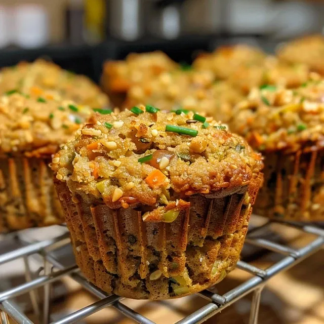 Juicy savory vegan muffins showcasing colorful red bell pepper and zucchini pieces.